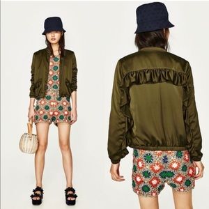 Zara Olive Green Ruffle Bomber Jacket, size Small